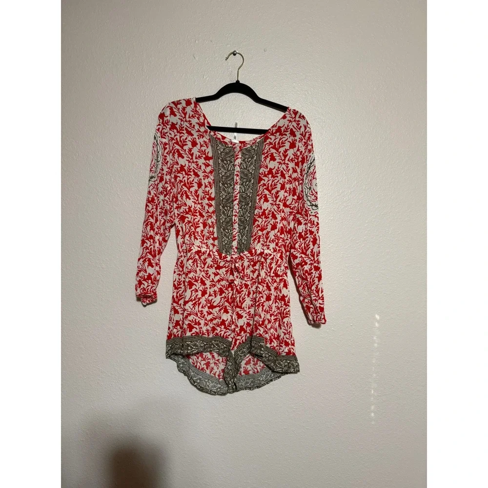 Free People Red White Botanical Print Long Sleeve Romper Button Front Medium‎